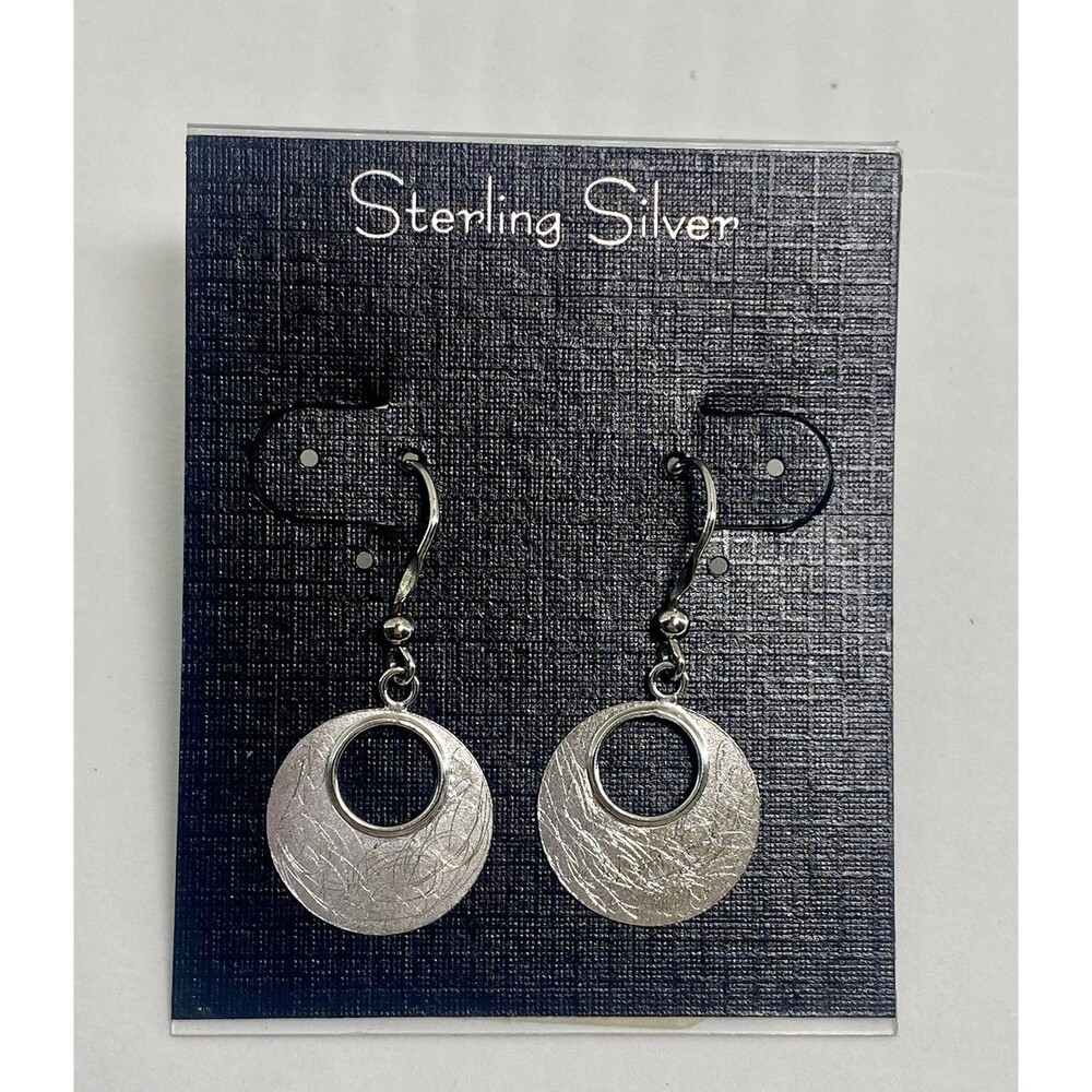 Sterling Silver Pierced Earrings Light Etched Athra Round Dangle New